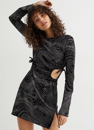 Черное велюровое платье h&m с длинными рукавами/ платье с вырезами на талии на завязках