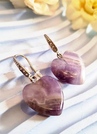 🔺💜🌟 нежные серьги "сердечки" натуральный камень аметист