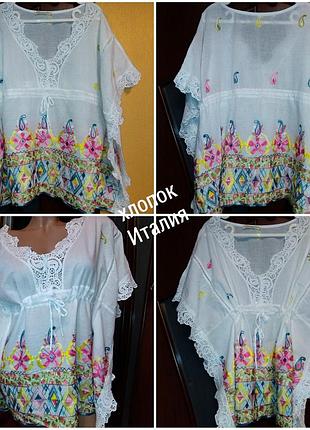 Итальянская натуральная блуза рубашка  на кулиске завязке вышивка хлопок блузка италия italy