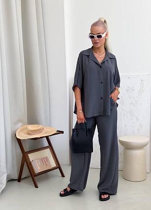 Люксовый легкий креповый костюм оверсайз рубашка и широкие брюки женский комплект качественный