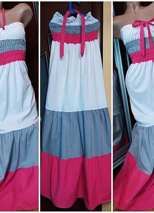 Плаття сарафан колорблок на гумці із зав'язкою ярусний довгий рюш оборка волан
