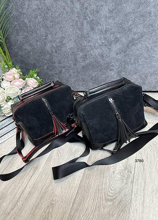 Жіноча сумка , еко шкіра , натуральна замша , чорна сумка , сумочка для жінок , дівчат , стильна новинка, два ремінця