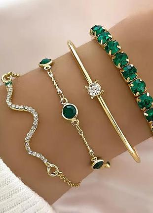 Цена из 4-х пар браслетов зеленые камешки змея