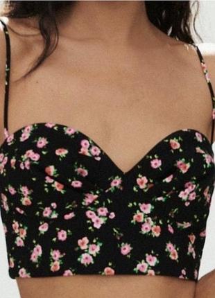 Топ женский на бретелях zara, цветочный принт, черный красный, хлопок, размер m, новый с биркой