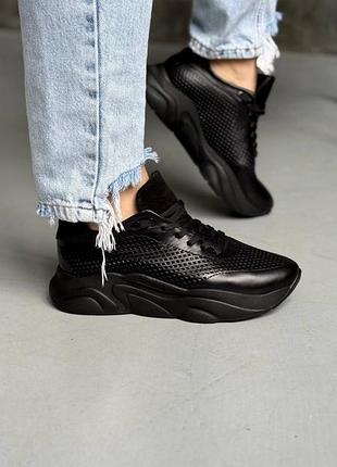 Женские летние черные кожаные кроссовки сквозная перфорация натуральная кожа снаружи и внутри