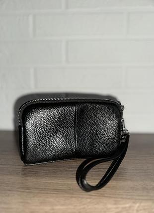Черная кожаная косметичка, женское портмоне на 2 отделения