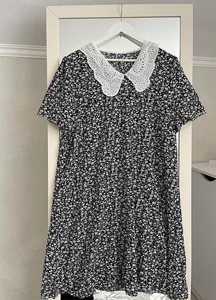 Платье, платье с воротничком, платье батал, платье в цветочный принт