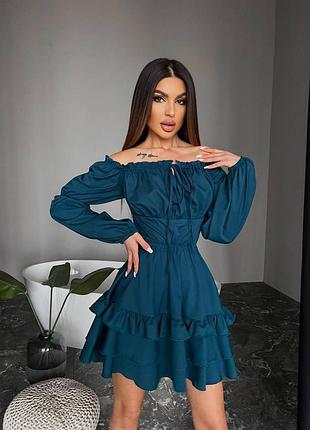 Женское весеннее летнее легкое короткое платье мини с воланами шнуровка на спине ткань софт