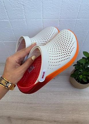 Крокс лайтрайд клог белые с оранжевым crocs literide white orange clog