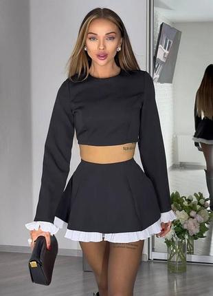 Костюм с мини юбкой-шортами подкладка кроп топ длинный рукав классический официальный