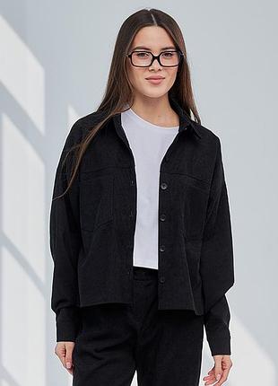 Сорочка жіноча вельветова укорочена, з довгим рукавом, молодіжна, весняна, осінна, чорна
