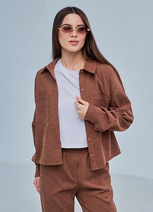 Сорочка жіноча вельветова укорочена, з довгим рукавом, молодіжна, весняна, осінна, кемел