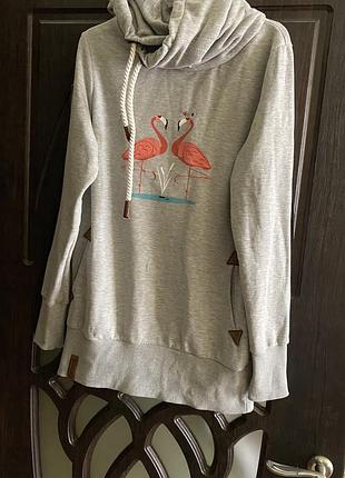 Классное, худи, в свет сером цвете, с красивым принтом, разовых фламинго 🦩, от дорогого бренда: nakatano🫶