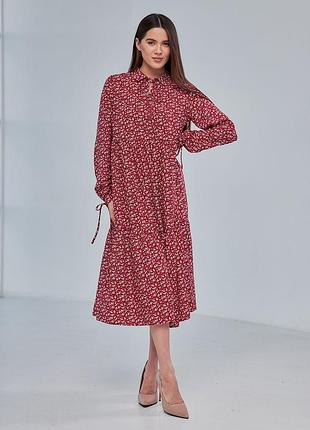 Сукня жіноча довжини міді штапельне в дрібний квітковий принт, квіткове, бордове