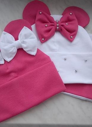 Весенняя шапочка для девочки с ушками микки бусинки