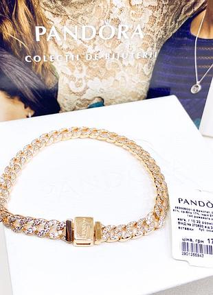 583008c01 из сияющим паве кубинское плетение original pandora s925 ale оригинал пандора новый с биркой серебряный браслет розовое золото цепь цепочка