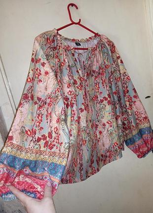 Красивая бохо стрейч блузка с пышным-объёмным рукавом батал shein