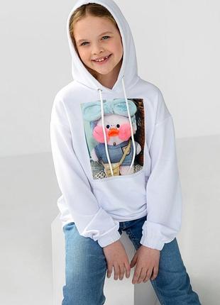 Худи детский двунитка с принтом, цвет белый