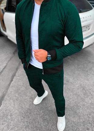 Топовый замшевый мужской костюм кофта бомбер на молнии и штаны весенний комплект