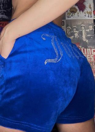 Juicy couture велюрові вельветові шорти джусі джуси кутюр шортики на резинці шнурівці завʼязках яскраво сині з стразами на високій талії лого плюшеві