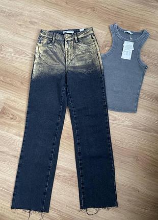 Джинсы zara металлик золотые джинсы прямые джинсы5 фото