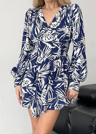 Платье-комбинезон платье лен с цветочным принтом длинный рукав