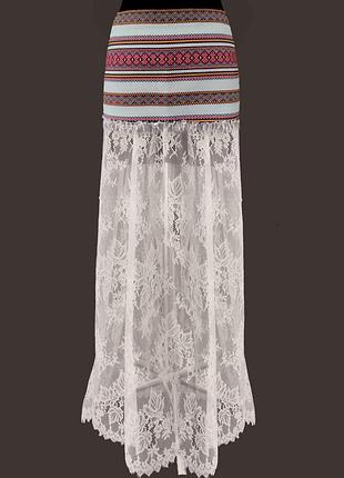 Гіпюрова довга спідниця з українським орнаментом в етнічному стилі