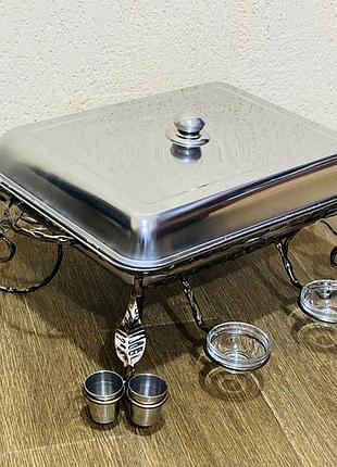 Садж для шашлыка прямоугольный с рюмками и соусницами