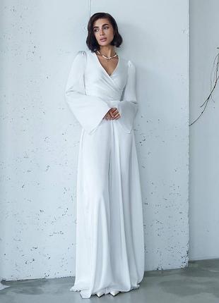 3 цвета! женский атласный брючный костюм двойка премиум качества, топ блуза на запах, широкие сатиновые брюки палаццо, базовый