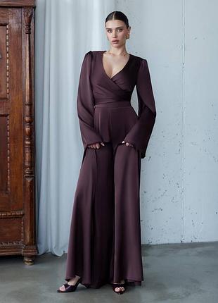 3 цвета! женский атласный брючный костюм двойка премиум качества, топ блуза на запах, широкие сатиновые брюки палаццо, базовый