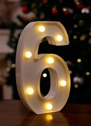 Об'ємна цифра 6 led декоративна маленька 21 на 13 см білий