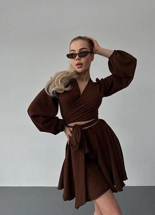 Легкий літній костюм топ блуза блузка + спідниця-шорти спідниця - шорти стильний бежевий шоколадний