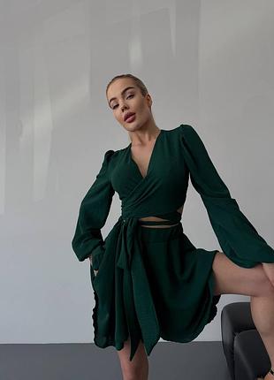 Легкий літній костюм топ блуза блузка + спідниця-шорти спідниця - шорти стильний зелений смарагдовий