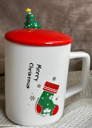 Чашка новогодняя christmas tree фарфор с крышкой и ложкой 360 мл (r33367)