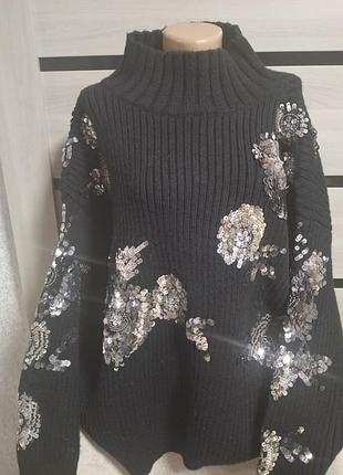 Шикарный черный свитер пуловер zara с серебряными пайетками