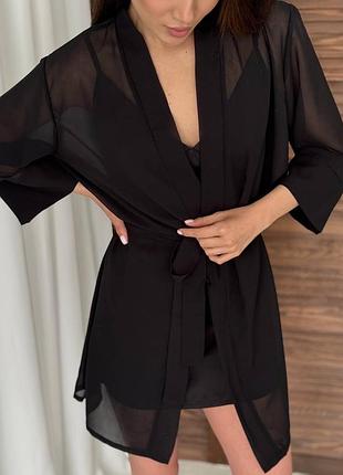 Черный короткий шифоновый халат мини длинный рукав
