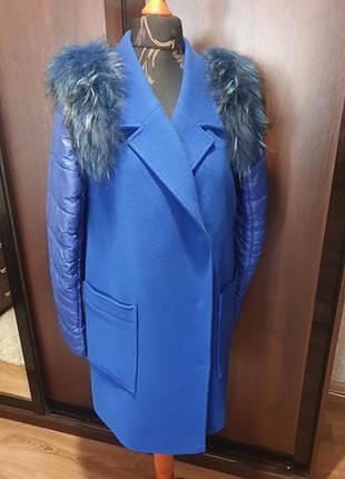 Пальто синие с мехом  трансформер
