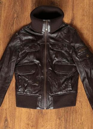 Жіноча шкіряна куртка mng cropped brown leather bomber jacket