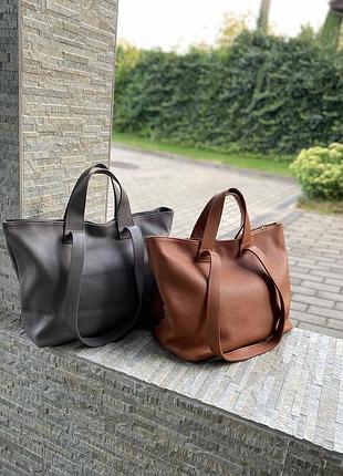 Шкіряна сумка-шопер італійська містка темно-сіра