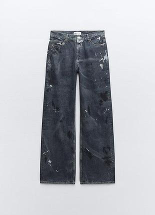 Прямые темно синие джинсы zara 6688/203/401 wide leg mid rise full length