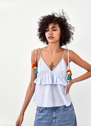 Майка на зав'язках із рюшами з пензликами бохо zara