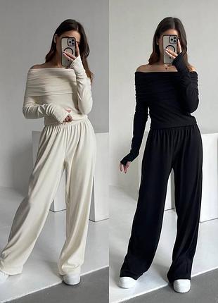 Костюм двійка - кофта лонг з підвопотом відкриті плечі та широкі штани палаццо