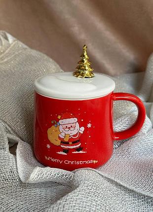 Чашка happy life merry christmas керамічна з кришкою та ложкою 400 мл червоний (hpcy8279r)