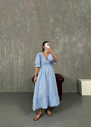 Муслиновое платье миди с коротким рукавом декольте на запах платья розовая голубая белая макси длинная летняя весенняя