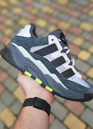Мужские стильные кроссовки. adidas niteball серые с салатовым