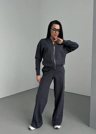 Весенний женский спортивный костюм двойка штаны палаццо + бомбер, брючный костюм из лакост...
