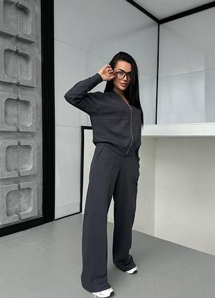 Весенний женский спортивный костюм двойка штаны палаццо + бомбер, брючный костюм из лакост...