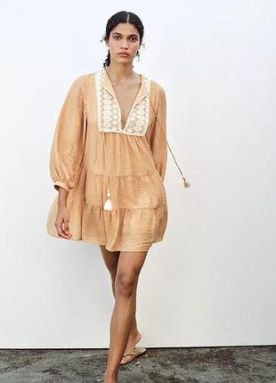Короткое оранжевое платье с вышивкой zara new