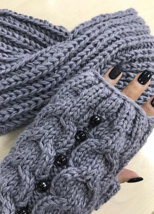 Повязка чалма серая повязочка митенки варежки вязаные митенки чалма