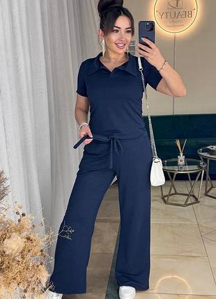 Костюм двійка жіночий футболка поло і брюки вільного крою двонитка чорний бордо графіт темно-синій капучино шоколад рожевий блакитний фісташка 42-52